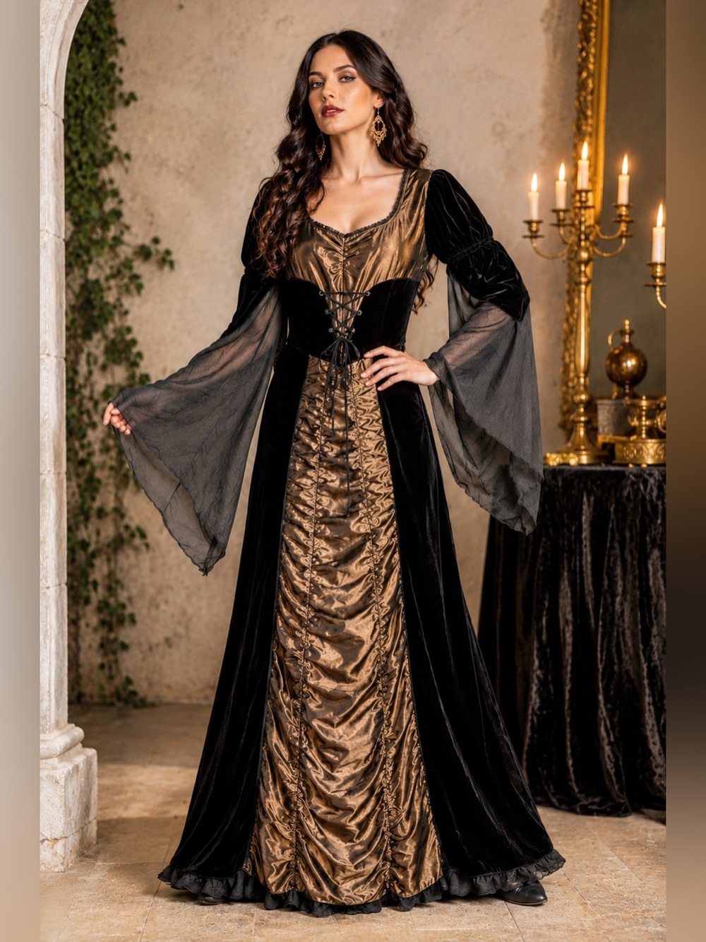 Gothic Witch Costume Dress Vampire Black Bronze Larp Medieval Renaissance B1